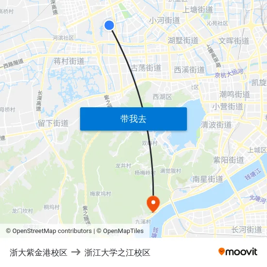 浙大紫金港校区 to 浙江大学之江校区 map