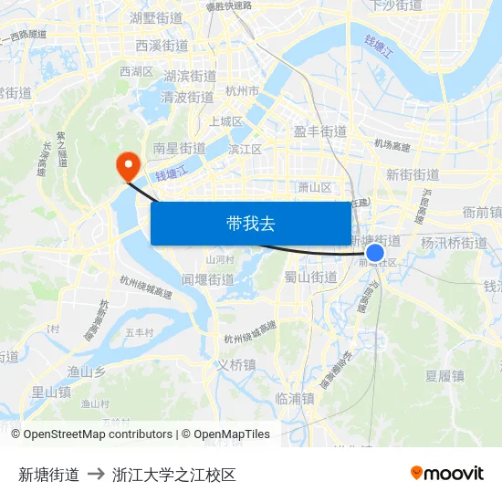 新塘街道 to 浙江大学之江校区 map