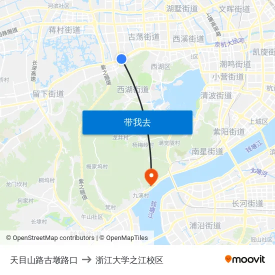 天目山路古墩路口 to 浙江大学之江校区 map
