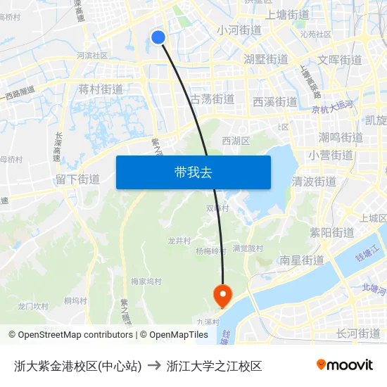浙大紫金港校区(中心站) to 浙江大学之江校区 map