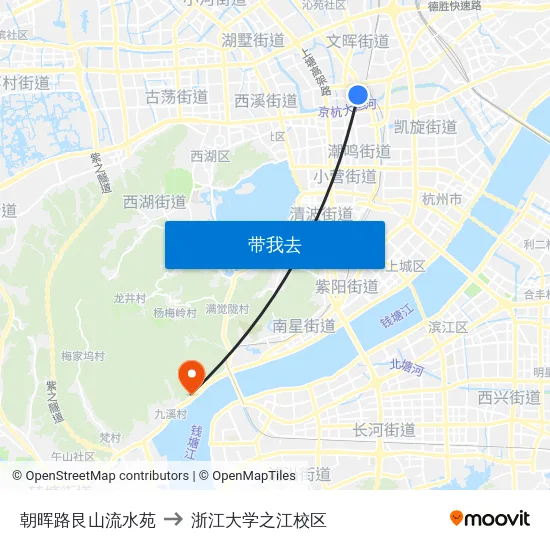 朝晖路艮山流水苑 to 浙江大学之江校区 map