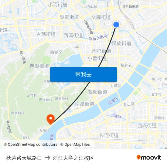 秋涛路天城路口 to 浙江大学之江校区 map