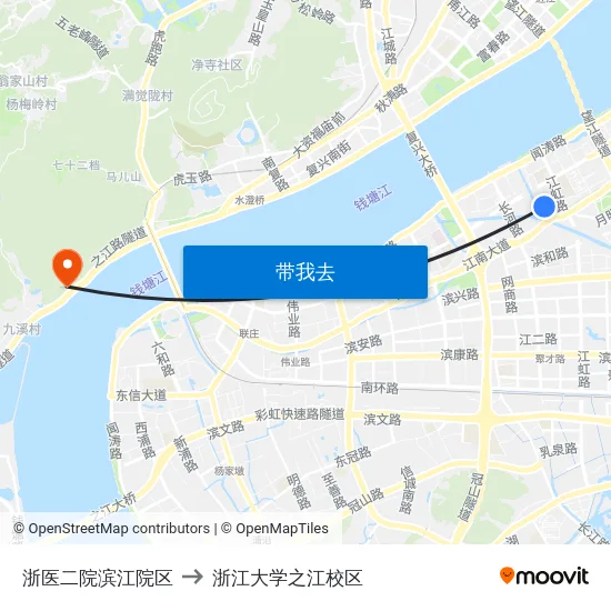 浙医二院滨江院区 to 浙江大学之江校区 map