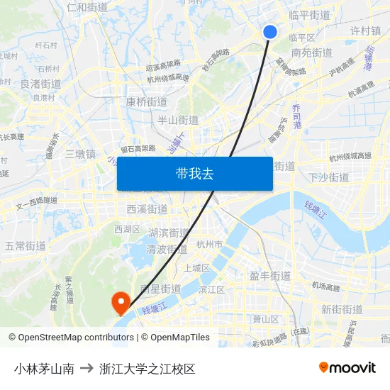 小林茅山南 to 浙江大学之江校区 map