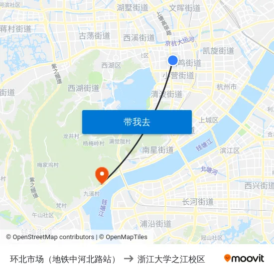 环北市场（地铁中河北路站） to 浙江大学之江校区 map