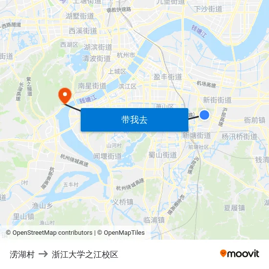 涝湖村 to 浙江大学之江校区 map