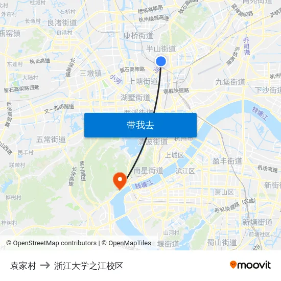袁家村 to 浙江大学之江校区 map
