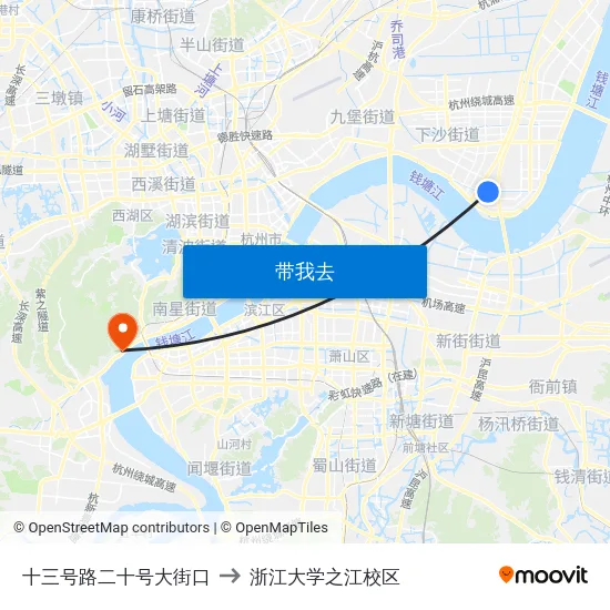 十三号路二十号大街口 to 浙江大学之江校区 map