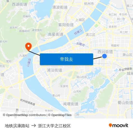地铁滨康路站 to 浙江大学之江校区 map