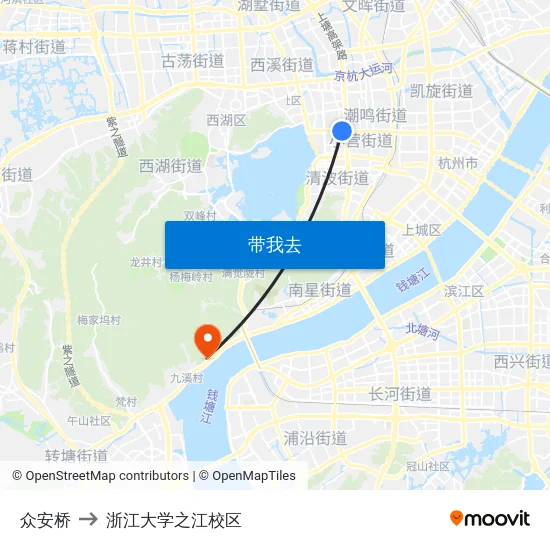 众安桥 to 浙江大学之江校区 map