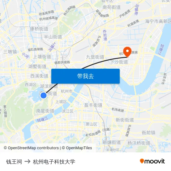 钱王祠 to 杭州电子科技大学 map
