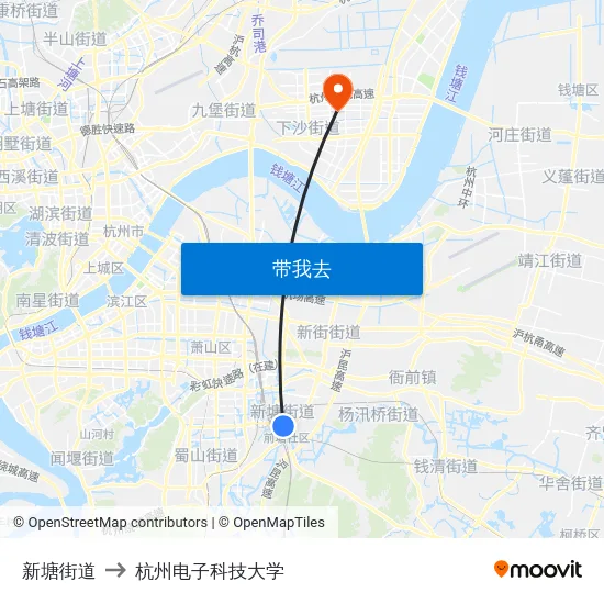 新塘街道 to 杭州电子科技大学 map