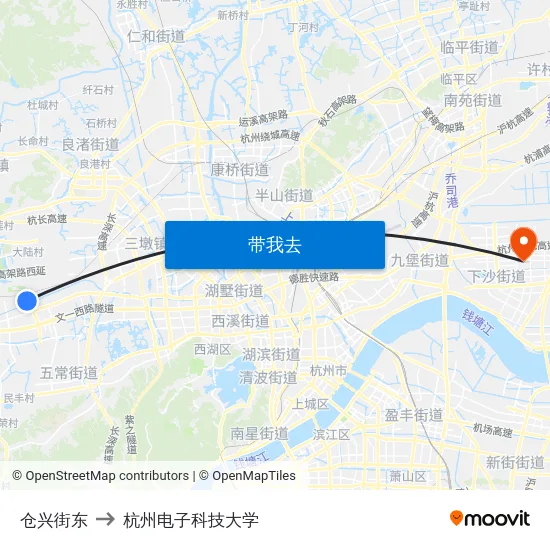 仓兴街东 to 杭州电子科技大学 map