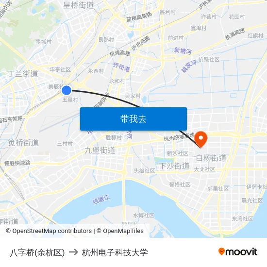八字桥(余杭区) to 杭州电子科技大学 map