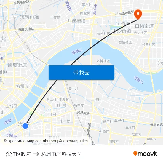 滨江区政府 to 杭州电子科技大学 map