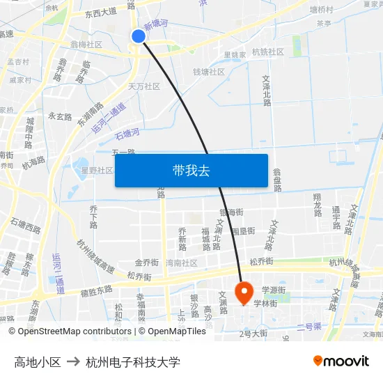 高地小区 to 杭州电子科技大学 map