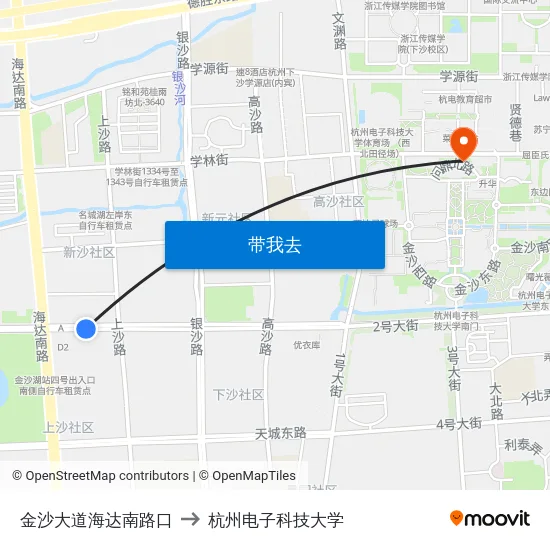 金沙大道海达南路口 to 杭州电子科技大学 map