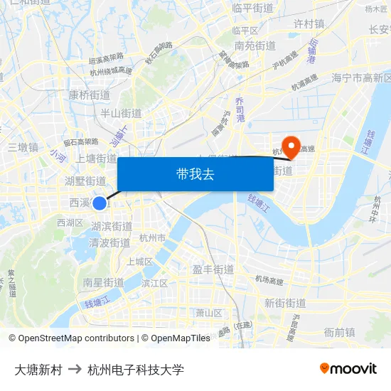 大塘新村 to 杭州电子科技大学 map