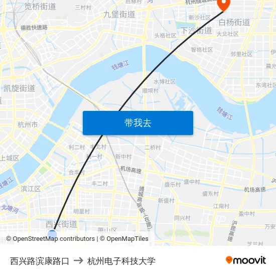 西兴路滨康路口 to 杭州电子科技大学 map