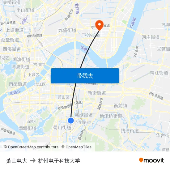 萧山电大 to 杭州电子科技大学 map