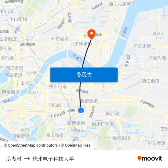 涝湖村 to 杭州电子科技大学 map