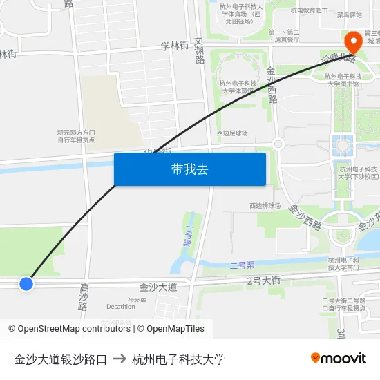 金沙大道银沙路口 to 杭州电子科技大学 map