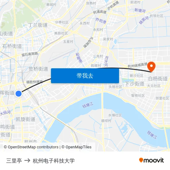 三里亭 to 杭州电子科技大学 map