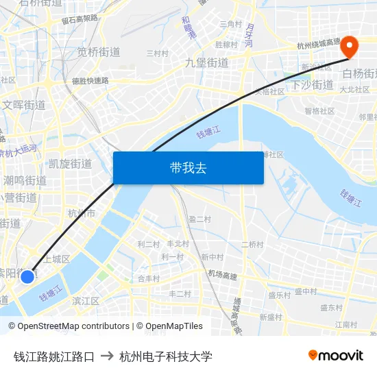 钱江路姚江路口 to 杭州电子科技大学 map
