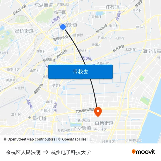 余杭区人民法院 to 杭州电子科技大学 map