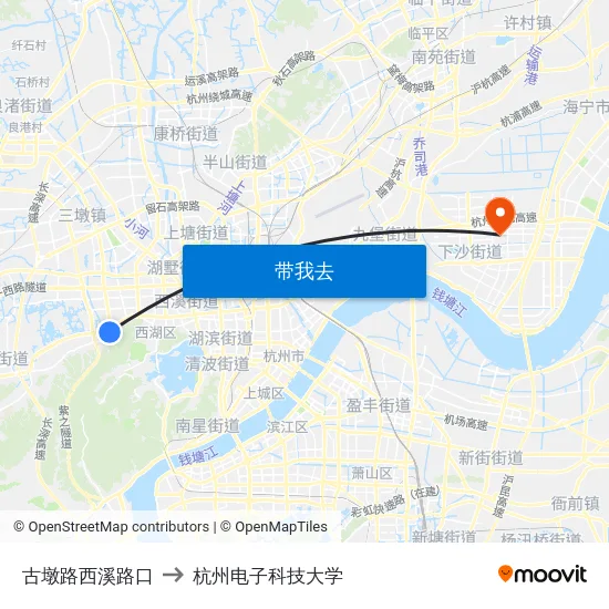 古墩路西溪路口 to 杭州电子科技大学 map