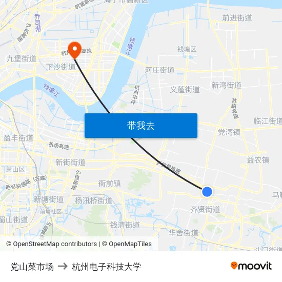 党山菜市场 to 杭州电子科技大学 map