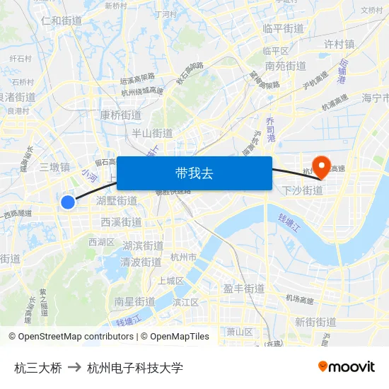 杭三大桥 to 杭州电子科技大学 map