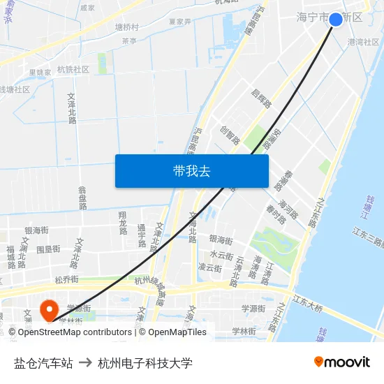 盐仓汽车站 to 杭州电子科技大学 map