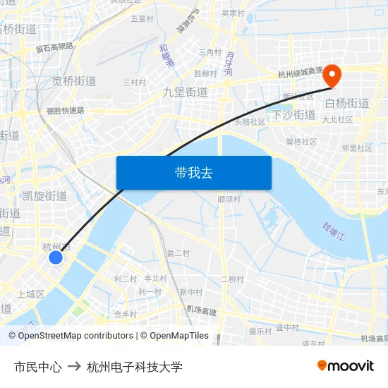 市民中心 to 杭州电子科技大学 map
