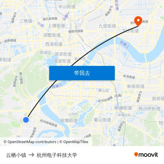 云栖小镇 to 杭州电子科技大学 map