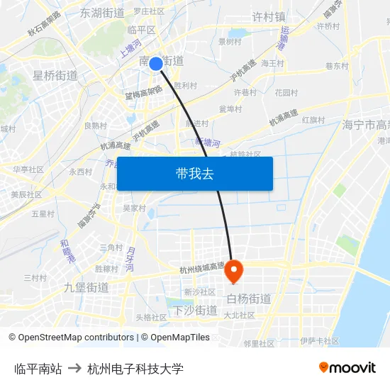 临平南站 to 杭州电子科技大学 map
