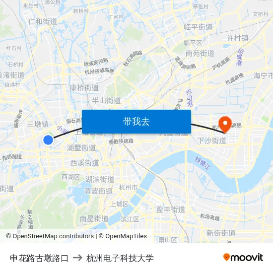 申花路古墩路口 to 杭州电子科技大学 map