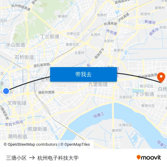 三塘小区 to 杭州电子科技大学 map