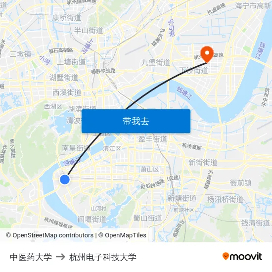 中医药大学 to 杭州电子科技大学 map