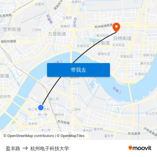 盈丰路 to 杭州电子科技大学 map