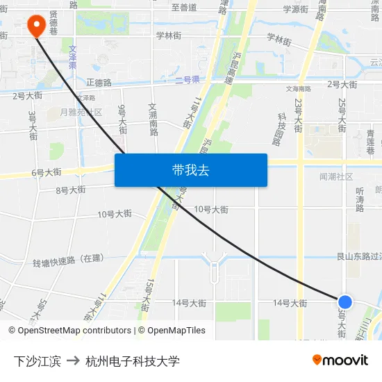 下沙江滨 to 杭州电子科技大学 map