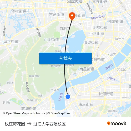 钱江湾花园 to 浙江大学西溪校区 map