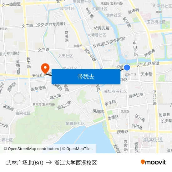 武林广场北(Brt) to 浙江大学西溪校区 map