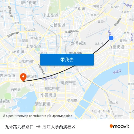 九环路九横路口 to 浙江大学西溪校区 map