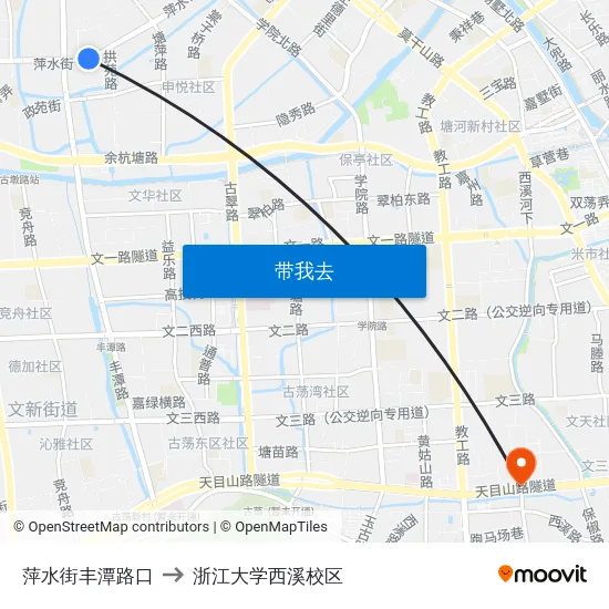萍水街丰潭路口 to 浙江大学西溪校区 map