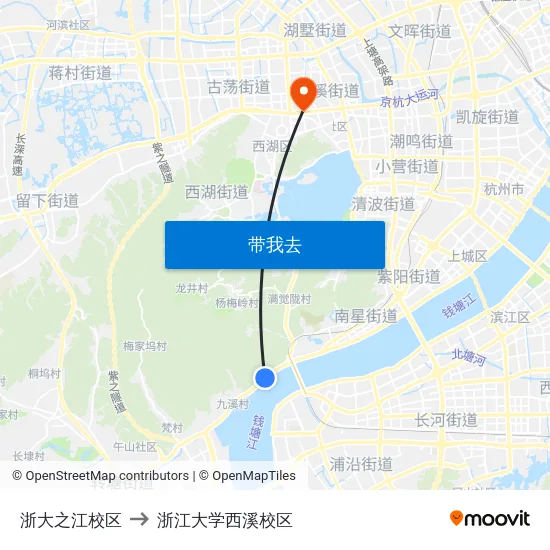 浙大之江校区 to 浙江大学西溪校区 map