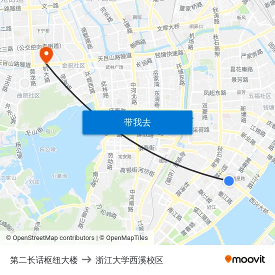 第二长话枢纽大楼 to 浙江大学西溪校区 map