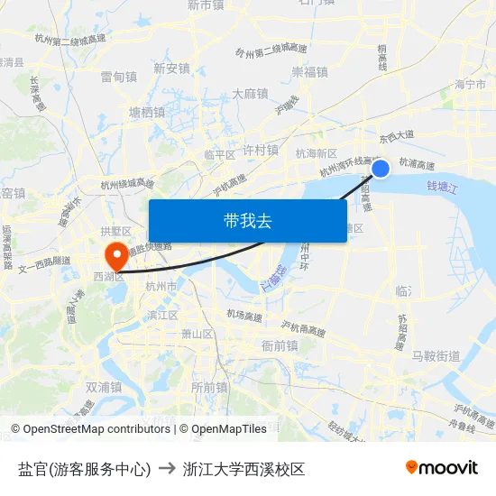 盐官(游客服务中心) to 浙江大学西溪校区 map