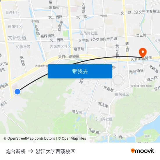 炮台新桥 to 浙江大学西溪校区 map