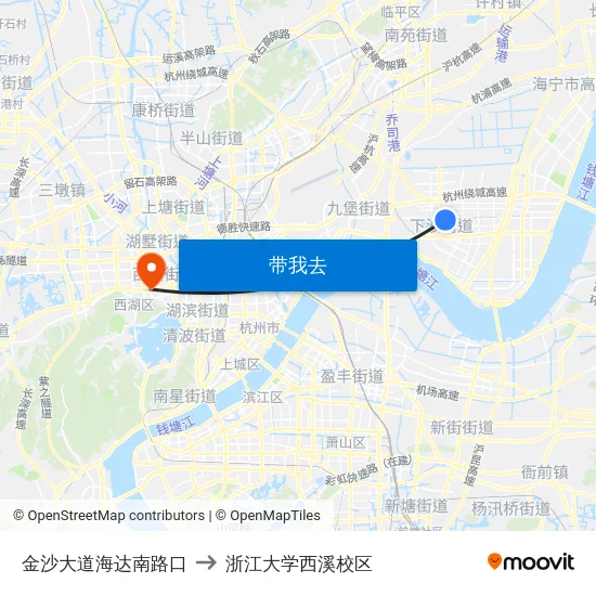 金沙大道海达南路口 to 浙江大学西溪校区 map